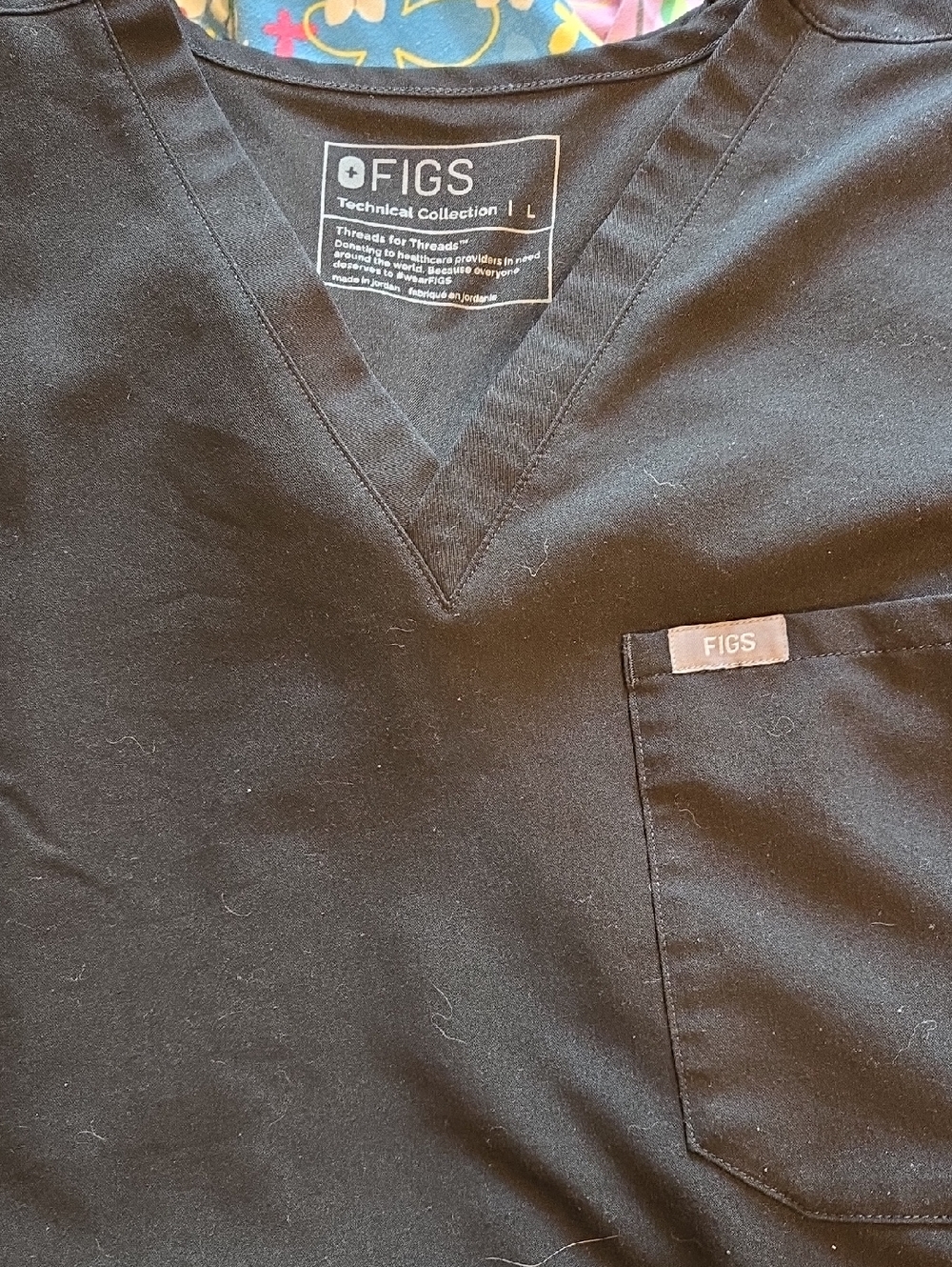 Figs Black V-Neck Scrub Top with Chest Pocket